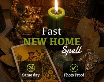 May include: A bronze-colored laughing Buddha figurine, a lit green pillar candle, a Nine of Pentacles tarot card, and raw crystals arranged in a bowl. Text reads: Fast NEW HOME Spell, 24 HOURS Same day, and a checkmark icon with Photo Proof.