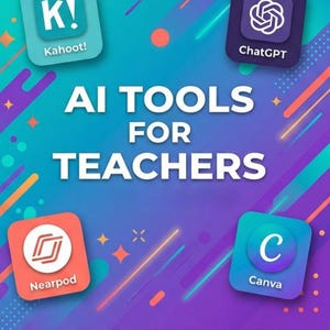 May include: A book cover with the title "AI TOOLS FOR TEACHERS" in large white letters. The cover features logos for Kahoot!, ChatGPT, Nearpod, and Canva. The background is a gradient of blue, purple, and orange with diagonal lines and stars. The text "A PRACTICAL GUIDE TO THE FUTURE OF EDUCATION" is at the bottom.