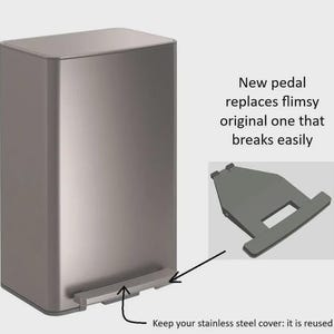 May include: A rectangular stainless steel trash can with a foot pedal mechanism. An inset shows a replacement pedal component. Text reads: New pedal replaces flimsy original one that breaks easily. Keep your stainless steel cover: it is reused!