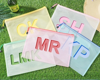 Bolsa de malla de PVC con cremallera personalizada, bolsa de piscina con monograma personalizado, bolsa de regalo impermeable para piscina, regalo para damas de honor, bolsa con cremallera multicolor