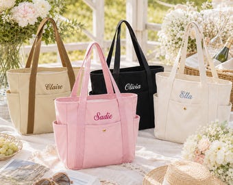 Borsa tote in tela personalizzata per damigella d'onore con nome ricamato, 4 colori