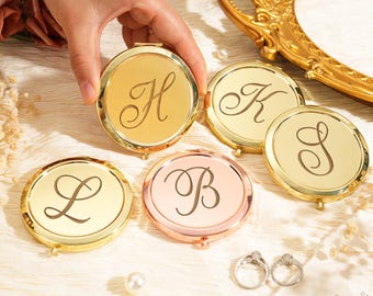 Custom Initial Engraved Compact Mirror, Bridesmaid Gift, Wedding Favor, Gold Rose Gold Silver
