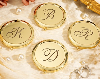 Custom Initial Engraved Compact Mirror, Bridesmaid Wedding Favor, Gold Rose Gold Silver Finish