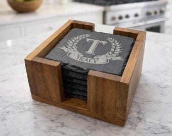 Personalized Slate Coaster Set – Engraved Wooden Holder, Set of 6, Square/Round