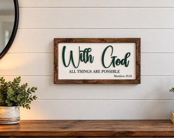 With God All Things Are Possible Sign, Religious Wall Decor, Bible Verse Sign