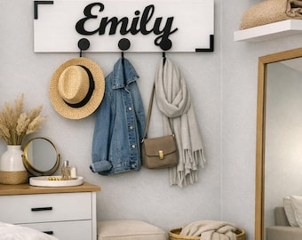 Personalized Cursive Name Hanger – Wooden Wall Hook Rack for Entryway or Bedroom