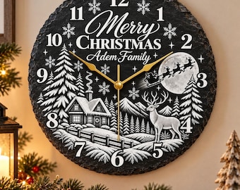 Personalized Christmas Slate Wall Clock 11.8", Custom Family Name, Holiday Home Decor, Christmas Gift