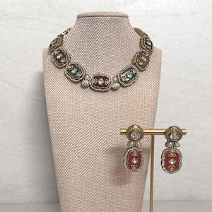 Multi-Color Polki Kundan Sabyasachi Gold Collar Necklace Set