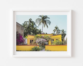 Digital Download, Mexican Yellow house  with pink flowers  Print,  Travel Print, Downloadable photo, Digital Prints, Instant download
