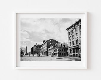 Montreal city print, Black and white Montreal photo, Vieux Montreal print, Place Jacques-Cartier print, Downloadable art, instant download