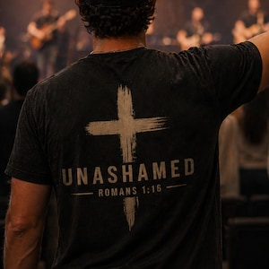 Puede incluir: Camiseta gris oscuro con un diseño de cruz desgastada y la palabra "UNASHAMED" impresa debajo. El texto "Romans 1:16" está impreso debajo de la palabra "UNASHAMED". La camiseta la lleva una persona.