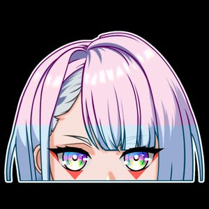 May include: A digital illustration of a character with light pink hair and bangs, featuring large, detailed eyes with a vibrant, multi-colored rainbow iris pattern and sharp black eyeliner. Small red triangle markings sit below each eye.