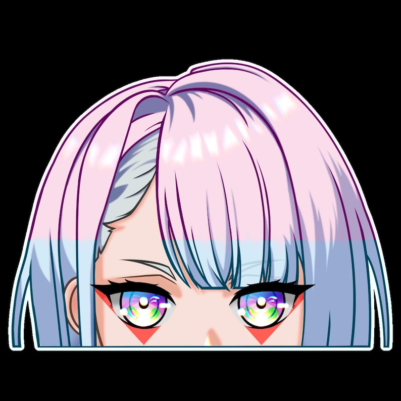 May include: A digital illustration of a character with light pink hair and bangs, featuring large, detailed eyes with a vibrant, multi-colored rainbow iris pattern and sharp black eyeliner. Small red triangle markings sit below each eye.