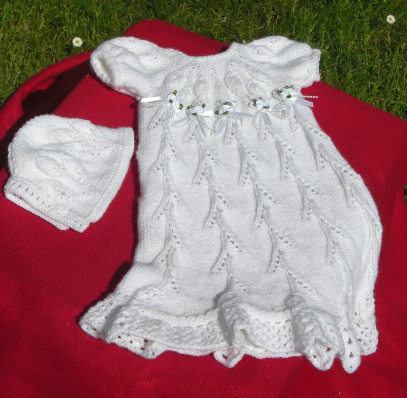 .version 1. Ready to Ship HAND KNITTED Christening Gown Future Heirloom Floral Trellis Pattern.