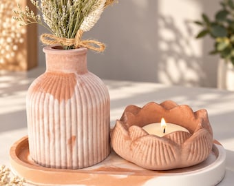 Conjunto de decoração artesanal em mármore, mini vaso, castiçal em forma de lótus, bandeja oval (3 peças)