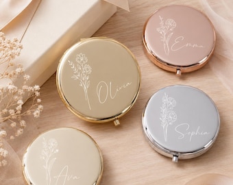 Specchietto compatto personalizzato con incisione, specchietto tascabile personalizzato con fiore di nascita, elegante regalo per damigella d'onore e per il giorno del matrimonio, bomboniera per addio al nubilato