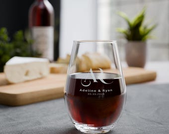 Personalized Monogram Wine Glass, Engraved Stemless Custom Couple Wedding Anniversary Gift
