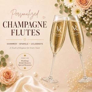 May include: Two clear glass champagne flutes filled with sparkling liquid, each engraved with the initials AR, the names Adeline & Ryan, and the date 05.30.2026. The text Personalized CHAMPAGNE FLUTES, SHIMMER, SPARKLE, CELEBRATE is visible.