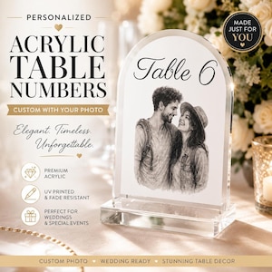 Números de mesa personalizados para casamento, placas de acrílico personalizadas com fotos, decoração elegante para recepção.