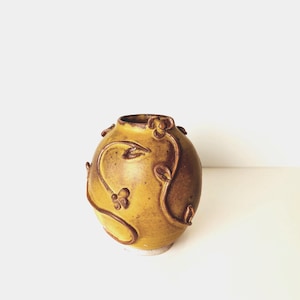 Handmade Signed Ceramic Vase, Arts and Crafts Style Ochre Pottery with Applied Relief Vines