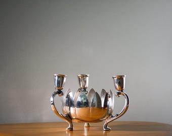 1970s Vintage Silverplate Italian Silver-Plated Lotus Flower Bowl Candle Holder Centerpiece l
