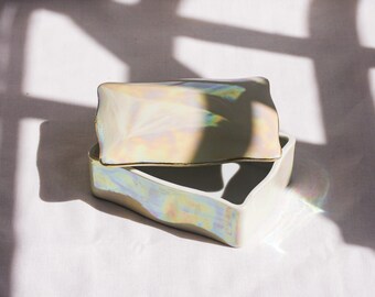 Mid-Century Vintage Japanese Lusterware Trinket Box: Fine China, Gold Trim, Iridescent Glaze