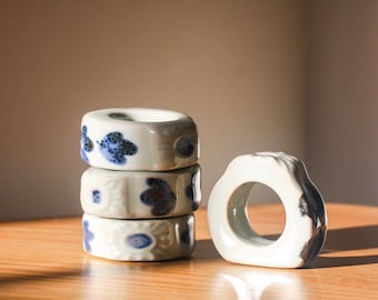 Vintage Hand-Painted Stoneware Blue and White Napkin Rings