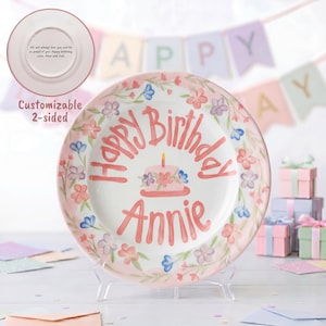 Plato personalizado de cumpleaños para niña, recuerdo con mensaje personalizado a doble cara, plato para pastel de cumpleaños con diseño floral, borde de flores pintado a mano, regalo de cumpleaños / B003