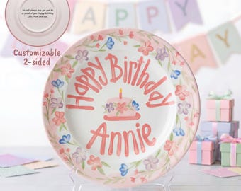 Personalized Girl Birthday Plate, 2-Sided Custom Message Keepsake, Floral Smash Cake Dish, Hand Painted Flower Border,Birthday Gift | B003