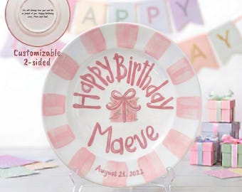 Personalized Birthday Plate with Custom Name and Date, Pink Striped Present Design, Hand Painted Keepsake Gift for Baby Girl | B021