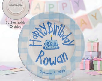 Custom Blue Gingham Birthday Plate, Birthday Cake Design with Name and Date, Personalized Boys Keepsake Plate, 1st Birthday Gift | B015
