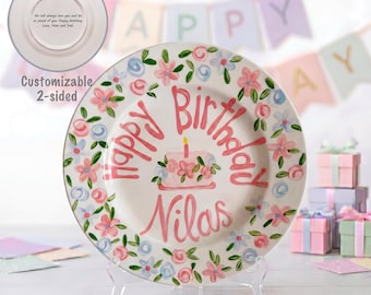 Plato de cumpleaños personalizado para niñas, pastel floral pintado a mano, regalo de recuerdo con nombre personalizado, plato de primer cumpleaños con flores rosas / B018