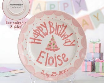 Plato rosa personalizado de cumpleaños para niñas, con sombrero floral y borde de lunares, regalo de recuerdo personalizado con nombre, plato para la primera fiesta de cumpleaños / B016