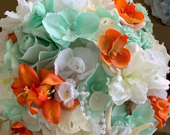 NEW Driftwood Seashell Light Turquoise and White Hydrangea Roses Orchids Beach Bridal Bouquet with Starfish Fancy Trims