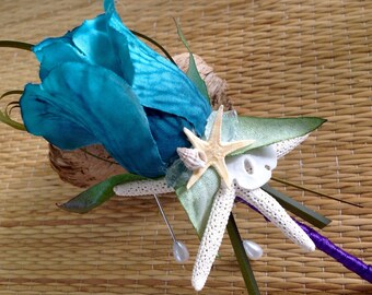Turquoise Beach Groom's Seashell Rose and Starfish Boutonniere with lots of Tiny Seashells Purple and Silver Trim