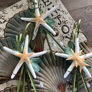 White Pencil Starfish Beach Boutonnières with Sea Grass Loops Ivy and Small Tan Starfish Trim
