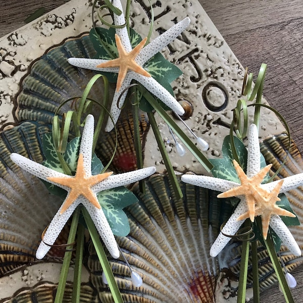 White Pencil Starfish Beach Boutonnières with Sea Grass Loops Ivy and Small Tan Starfish Trim