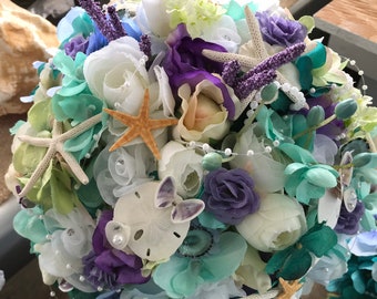 NEW Seaside Blues Beach Bridal Bouquet of Seashells Garden Roses Hydrangea Tiny Orchids Sweet Peas Diamonds Pearls Starfish Sand Dollars