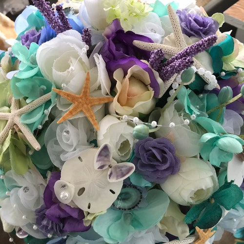 NEW shops Deep Ocean Blues Beach Bridal Bouquet of Seashells Garden Roses Hydrangea Tiny Orchids Sweet Peas Diamonds Pearls Starfish Sand Dollars