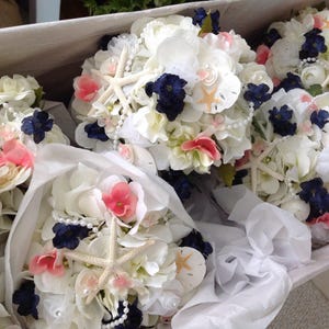 Beach Bridesmaids Seashell Bouquets in Navy and Pink with Fancy Multi Ribbon Nautical Handles