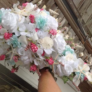 Beach Bridal Cascade Bouquet with Garden Roses and Phalo Orchid Shells Diamonds Pearls Pink Fuchsia and Sea Foam Trims