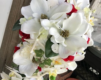 Magnolia Bloom Beach Bridal Bouquet with Phalo Orchids and Red Roses Lots of Beautiful Magnolias and Ivy Leaves