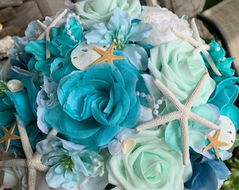 NEW Light Teal, Aqua and Pale Lime and White Hydrangea Roses Orchids Beach Bridal Bouquet with Starfish Sand Dollar Seashells and Pearls