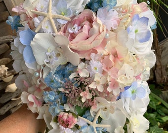 Seashell Beach Bridal Cascade Bouquet with Garden Roses and Orchids Shells Diamonds Pearls in Blush Pink and Dusty Blue