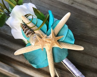 Beach Wedding Boutonnieres White Rose with Turquoise and White Blooms Sand Dollars Starfish and Seashells You can chose the color rose