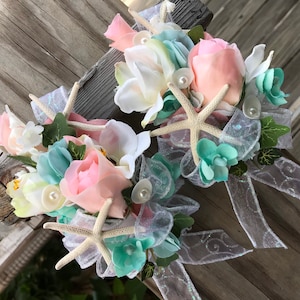 Custom Beach Seashell Pin On Corsages for Special Events  You choose the color  Here is Pink and Light Teal with Pearl Trim