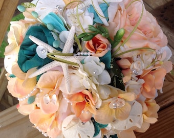 Peach and Turquoise Seashell Beach Bridal Bouquet Sweet Peas Delphinium Hydrangea Roses Diamonds Pearls with More Seashells than Ever