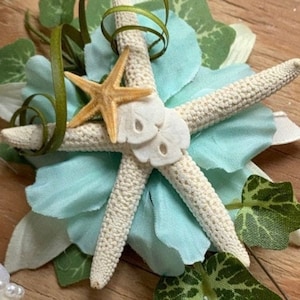Beach Wedding Boutonnieres White Rose with Sea Foam Green and White Blooms Sand Dollars Starfish and Seashells You can chose the color rose