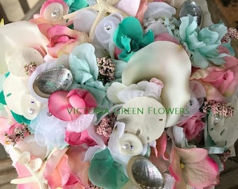 Abalone Teal Blush Pink n White Calla Lily and Rose Beach Bridal Bouquet with Starfish Pearl Flower Trims and Ornate Bridal Handle Treatment