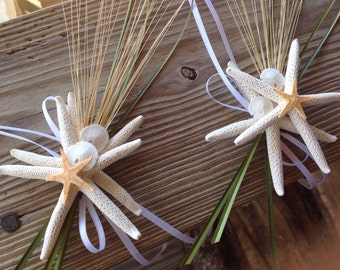Starfish Beach Deco for Cake Handles (2) with Natural Trim and White Ribbons